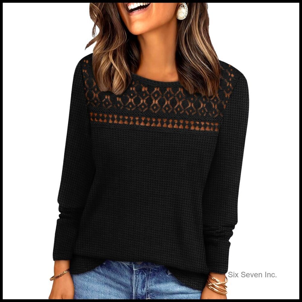 Lace Long Sleeve Blouse Elegant Waffle Knit Dressy Casual Spring Trendy